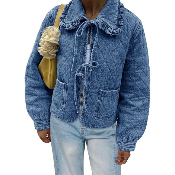 Jackets & Blazers - Womens Quilted Denim Puffer Jacket X-Large Tie Front Ruffle Collars